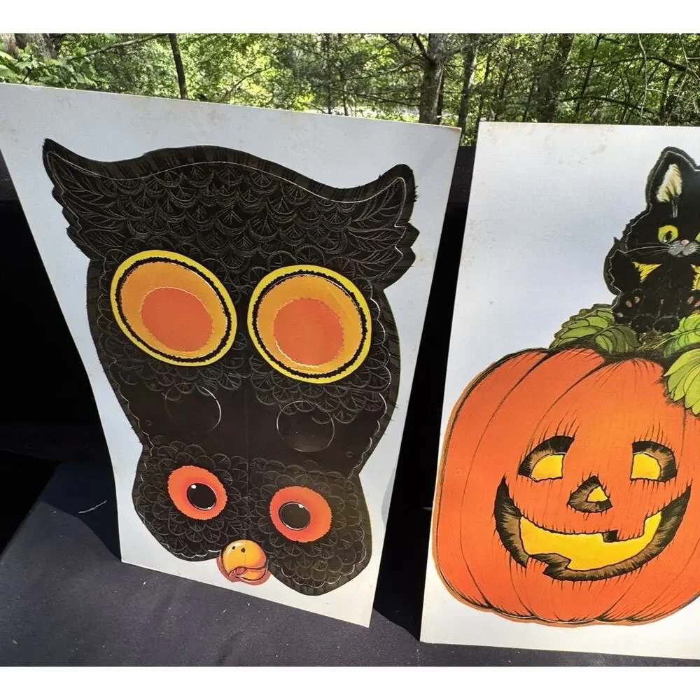 2 Vintage Halloween Masks Hallmark Paper Oscar Owl & Percy Pumpkin Unused!